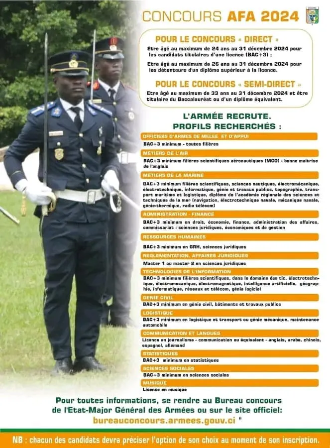 L'armée ivoirienne recrute au concours d'entrée à l’AFA 2024 : voici les profils recherchés et les conditions